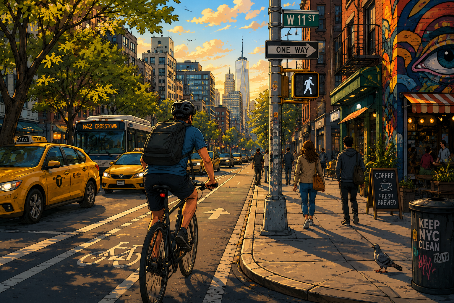 A city street scene with a cyclist. Our brains pick up cues from such environments – movement, colors, sounds – often without our conscious awareness.