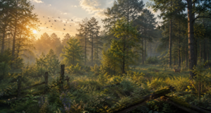 A naturally regenerated forest growing over abandoned farmland with diverse native trees, dense undergrowth, and wildlife thriving in soft morning light.