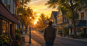 A person standing on a quiet neighborhood street at sunset, reflecting on familiar places and memories before moving away.