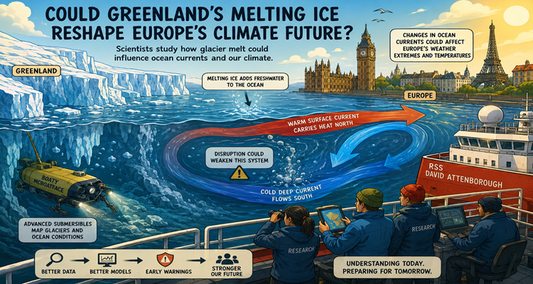 Scientists aboard a polar research vessel studying Greenland glaciers and their impact on Atlantic Ocean circulation and climate systems.
