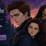 Illustration of Edward Cullen and Bella Swan in Netflix's animated Midnight Sun adaptation with a twilight forest backdrop.