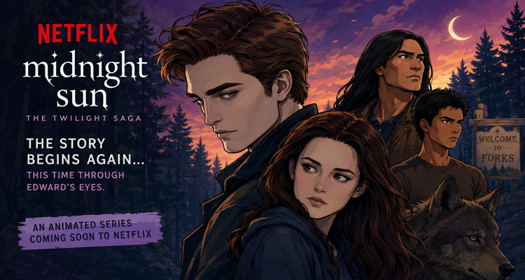 Illustration of Edward Cullen and Bella Swan in Netflix's animated Midnight Sun adaptation with a twilight forest backdrop.