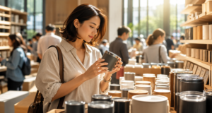 A customer confidently choosing between products while subtle visual cues represent reliability, transparency, and long-term brand trust in a modern retail environment.