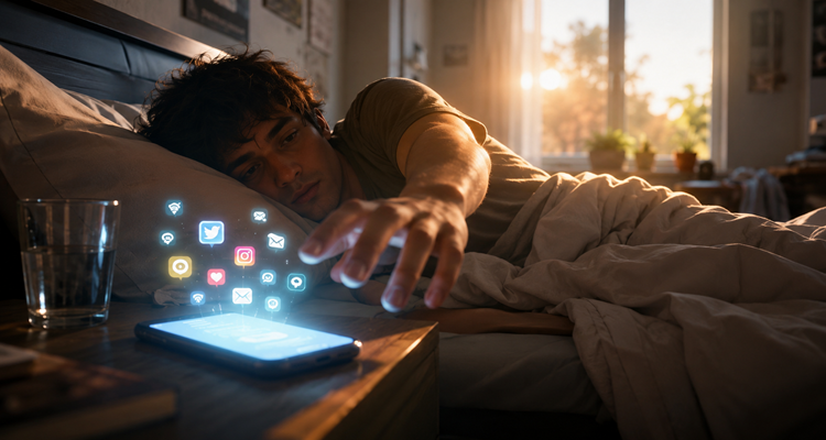 Person in bed at dawn, half-awake, reaching to pick up a glowing smartphone to check notifications.