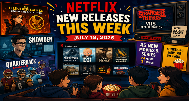 Netflix streaming interface featuring The Hunger Games franchise, Stranger Things VHS Special Edition, Quarterback Season 3, and newly released movies and series for July 2026.