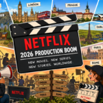 Film production crews working on multiple Netflix movie and television projects across international filming locations in 2026