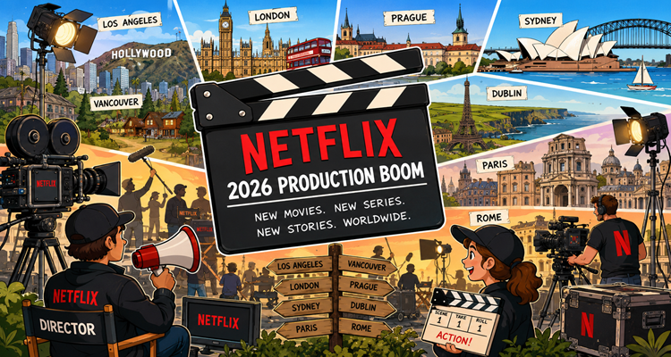 Film production crews working on multiple Netflix movie and television projects across international filming locations in 2026