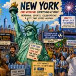 Crowds gathering in New York City during a heatwave as fireworks, sports events, and holiday celebrations take place across the city.