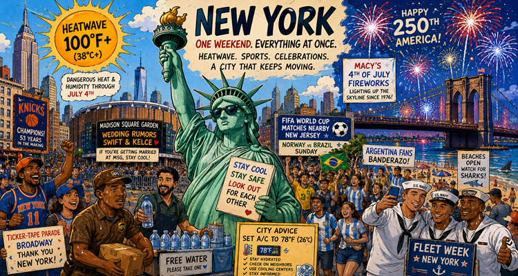 Crowds gathering in New York City during a heatwave as fireworks, sports events, and holiday celebrations take place across the city.