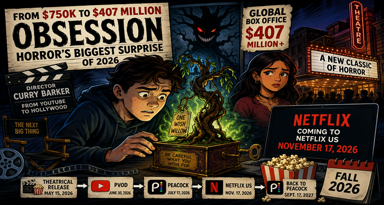 Promotional artwork for the horror film Obsession featuring the mysterious One Wish Willow and its unsettling supernatural atmosphere.