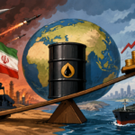 Global oil market chart with tanker traffic and Middle East energy routes amid geopolitical tensions.