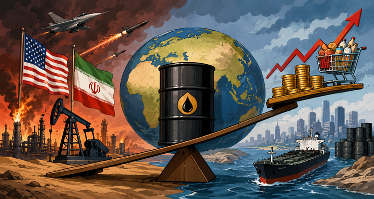 Global oil market chart with tanker traffic and Middle East energy routes amid geopolitical tensions.