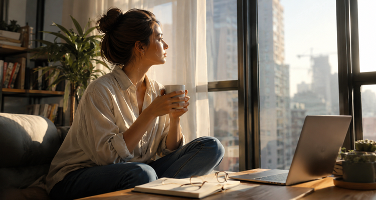 Person sitting by a window during a quiet morning routine, reflecting on everyday life and personal growth.