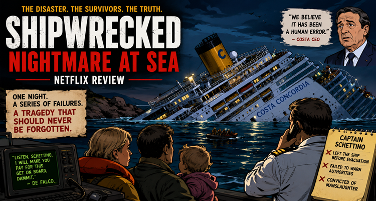 Survivors recounting the Costa Concordia disaster against the backdrop of the partially submerged cruise ship.