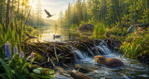 A beaver dam creating a thriving wetland with diverse wildlife, illustrating how animals naturally reshape ecosystems.