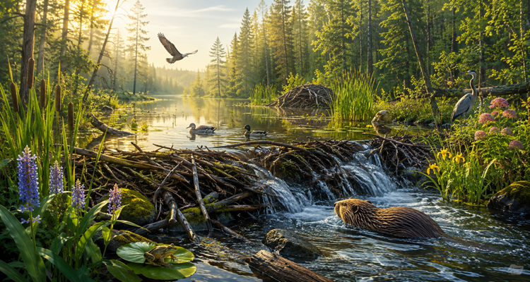 A beaver dam creating a thriving wetland with diverse wildlife, illustrating how animals naturally reshape ecosystems.