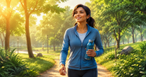 A person enjoying a peaceful morning walk in a sunlit park while naturally embracing healthy daily habits and feeling energized.
