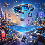 Conceptual illustration of Apple and OpenAI competing in the emerging AI hardware market with futuristic consumer devices and artificial intelligence interfaces.