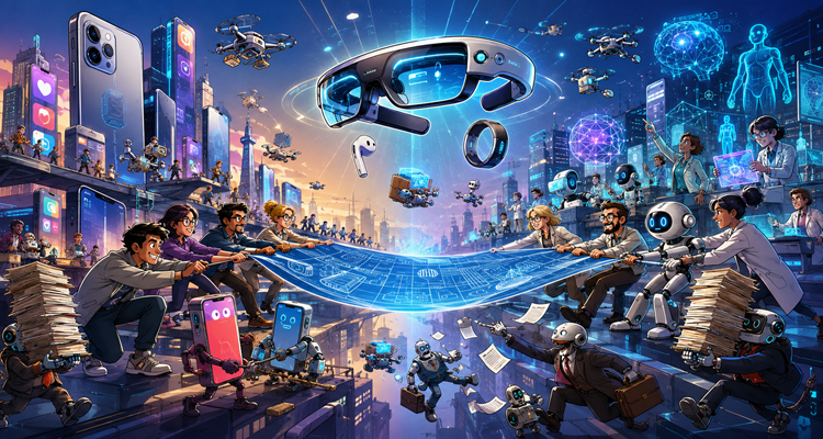Conceptual illustration of Apple and OpenAI competing in the emerging AI hardware market with futuristic consumer devices and artificial intelligence interfaces.