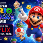 Promotional artwork featuring Mario, Princess Peach, Luigi, and other Nintendo characters from The Super Mario Galaxy Movie ahead of its Netflix release.