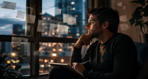 Person sitting quietly at night surrounded by subtle visual representations of unfinished thoughts and floating ideas, reflecting recurring mental loops.
