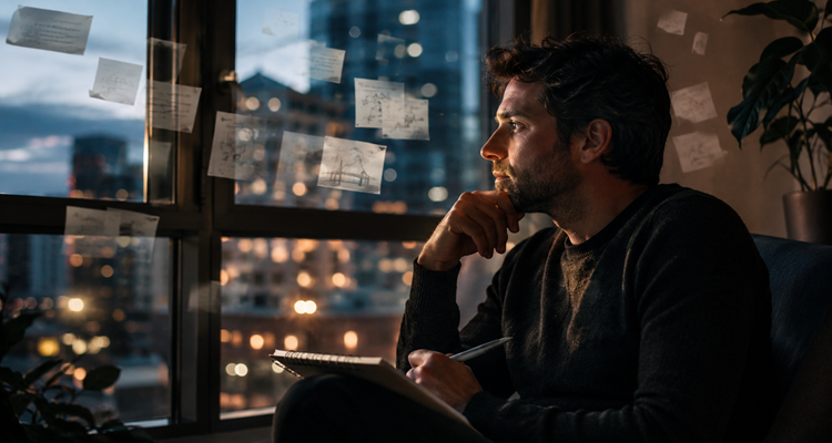 Person sitting quietly at night surrounded by subtle visual representations of unfinished thoughts and floating ideas, reflecting recurring mental loops.