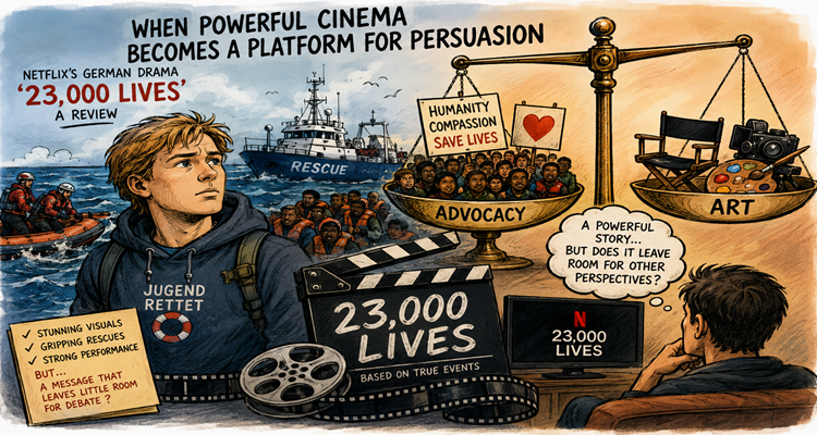 Louis Hofmann in a dramatic Mediterranean rescue scene from Netflix's German film 23,000 Lives, highlighting humanitarian missions at sea.
