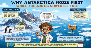 Illustration of ancient Antarctica rising into high mountain terrain as glaciers begin forming across the continent millions of years ago.