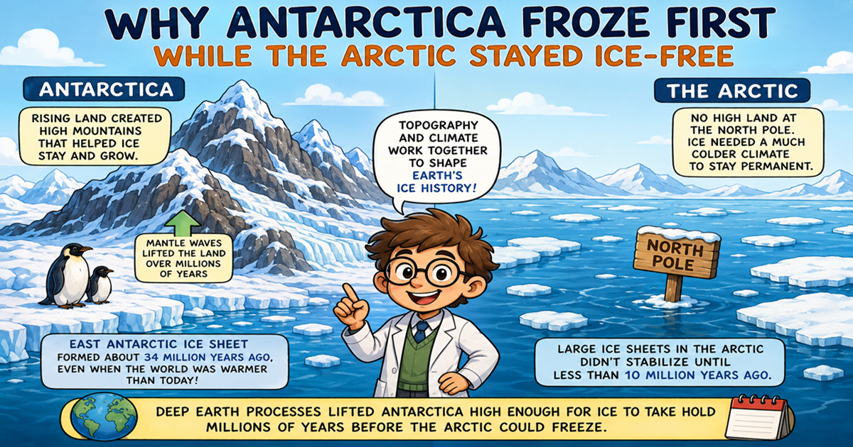 Illustration of ancient Antarctica rising into high mountain terrain as glaciers begin forming across the continent millions of years ago.