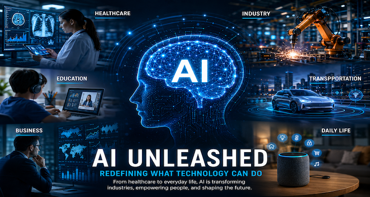 Conceptual illustration of artificial intelligence connecting software, science, business and human decision-making