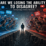 Two groups facing each other across a digital divide, representing online polarization, social identity and disagreement on social media.