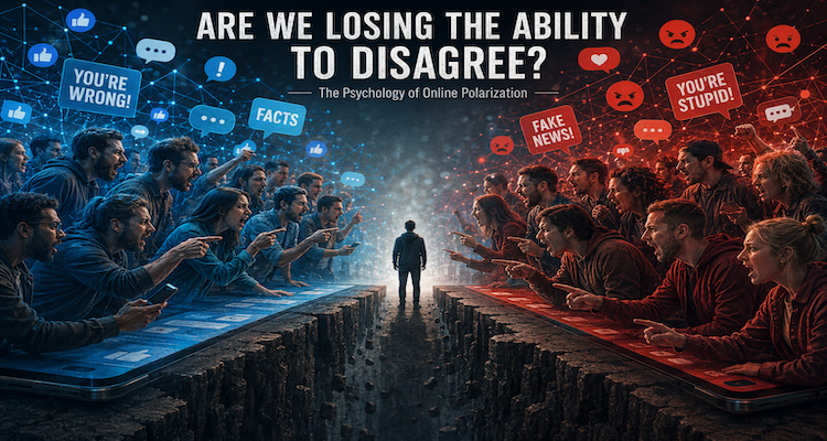 Two groups facing each other across a digital divide, representing online polarization, social identity and disagreement on social media.