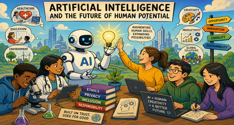 Human working alongside artificial intelligence to expand creativity, knowledge, productivity and decision-making