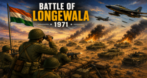 Editorial illustration of Indian soldiers defending Longewala post against Pakistani tanks in the Thar Desert during the 1971 war