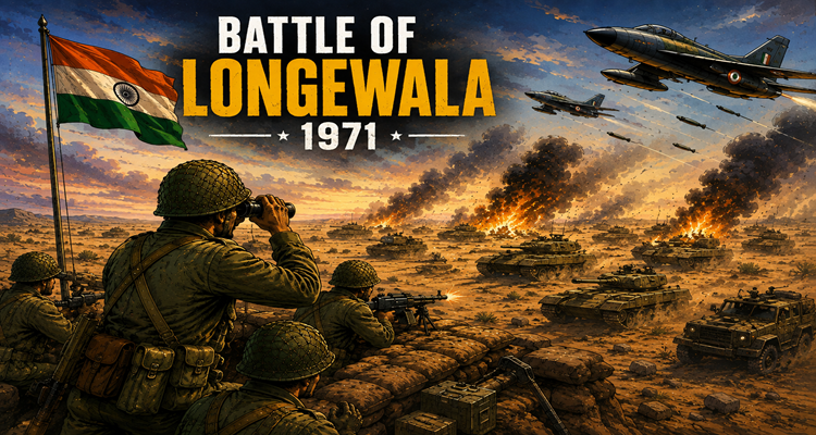Editorial illustration of Indian soldiers defending Longewala post against Pakistani tanks in the Thar Desert during the 1971 war