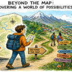 Traveler overlooking a vast landscape while using a digital map, symbolizing exploration, technology and new possibilities.
