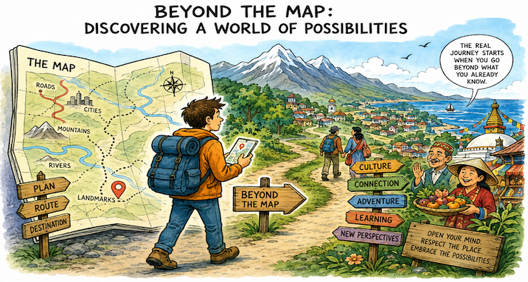Traveler overlooking a vast landscape while using a digital map, symbolizing exploration, technology and new possibilities.