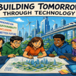 Conceptual illustration of technology infrastructure connecting AI, energy, digital networks, workers and future cities