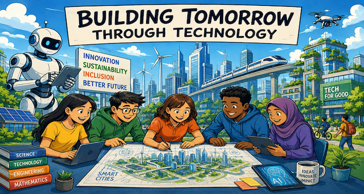 Conceptual illustration of technology infrastructure connecting AI, energy, digital networks, workers and future cities