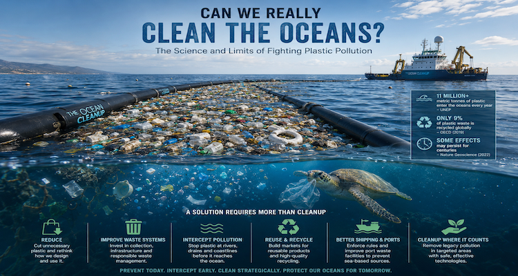 Floating plastic debris collected near an ocean cleanup barrier, illustrating efforts to remove marine plastic pollution while protecting surrounding ecosystems.