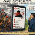 A crowd of social media users reacting to a viral controversy on smartphones, representing online outrage and digital accountability.