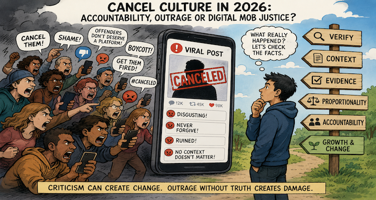 A crowd of social media users reacting to a viral controversy on smartphones, representing online outrage and digital accountability.