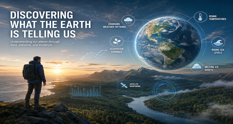 Earth viewed from space with satellite observations highlighting oceans, atmosphere, ice and changing environmental systems