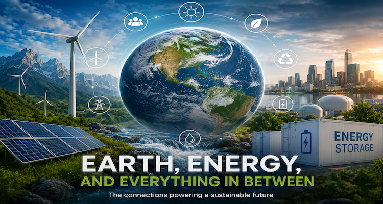 Earth viewed from space with sunlight illuminating the planet alongside renewable energy infrastructure and modern power grids