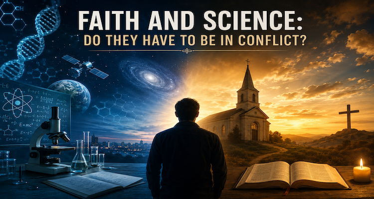 A scientist in a laboratory and a person in a contemplative setting representing the relationship between scientific inquiry and religious faith.