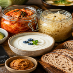 A variety of traditional fermented foods including kimchi, yogurt, sourdough bread, miso, and vegetables arranged on a kitchen table.