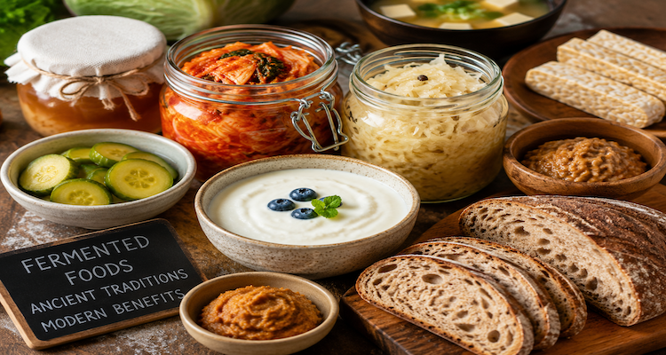 A variety of traditional fermented foods including kimchi, yogurt, sourdough bread, miso, and vegetables arranged on a kitchen table.