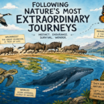 Arctic tern, monarch butterfly, salmon and wildebeest representing four extraordinary animal migrations across different ecosystems
