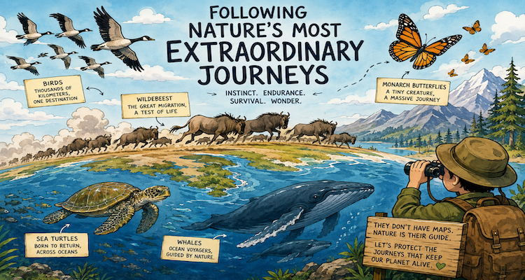 Arctic tern, monarch butterfly, salmon and wildebeest representing four extraordinary animal migrations across different ecosystems