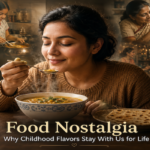 An adult enjoying a traditional homemade childhood dish while memories of a warm family kitchen are suggested in the background.